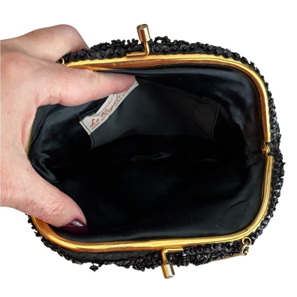 Vintage La Regale Black Beaded Evening Bag Gold Kiss Lock Clutch - Picture 4 of 5